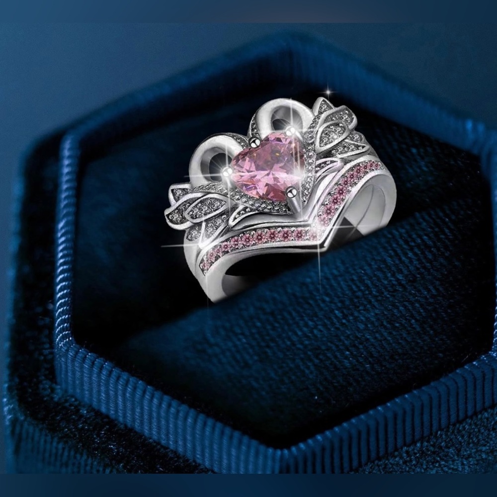 Pink Heart & Doves Ring & Band Set.